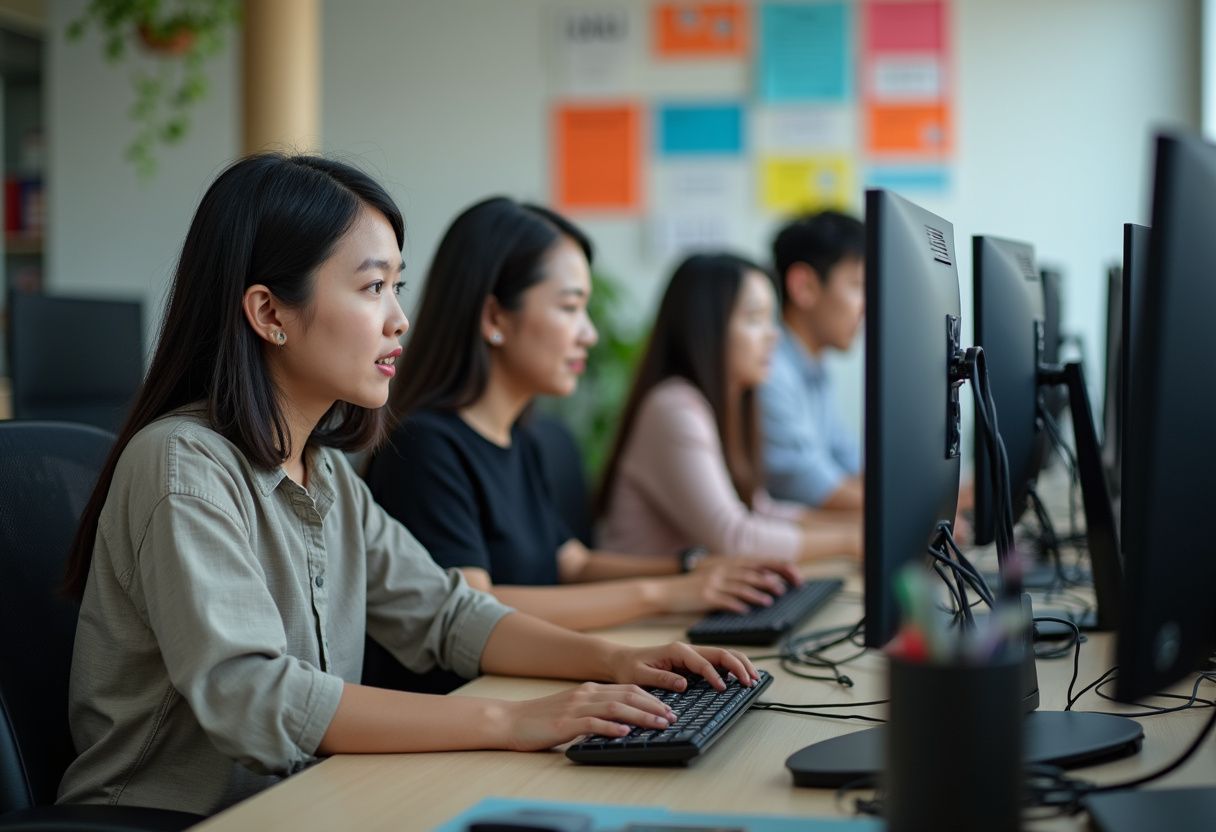 Casual coworkers engage and collaborate in a vibrant tech workspace. Casual coworkers engage and collaborate in a vibrant tech workspace.